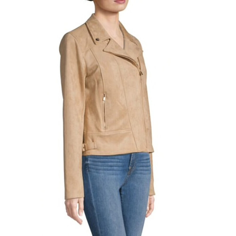 Tommy Hilfiger Front Zip Moto Faux Suede Jacket In Camel Size XS